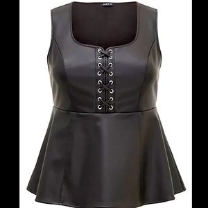 BLACK FAUX LEATHER LACE-UP PEPLUM TOP Size 1